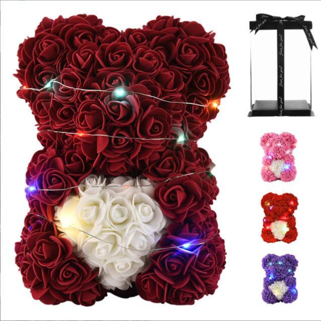 Mother's Day Gift Artificial Rose Teddy Bear Flower Bear With Box String Lights-xinru