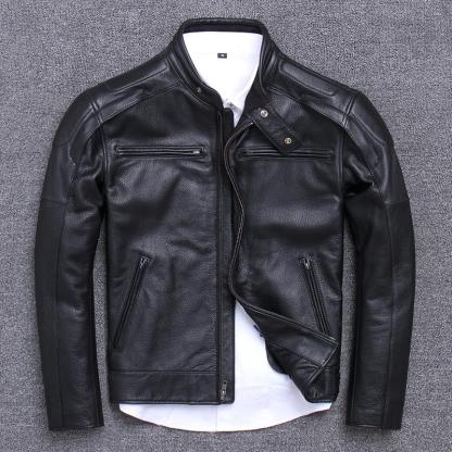 Classic Cowhide Leather Motorcycle Biker Jacket for Men-xinru shop
