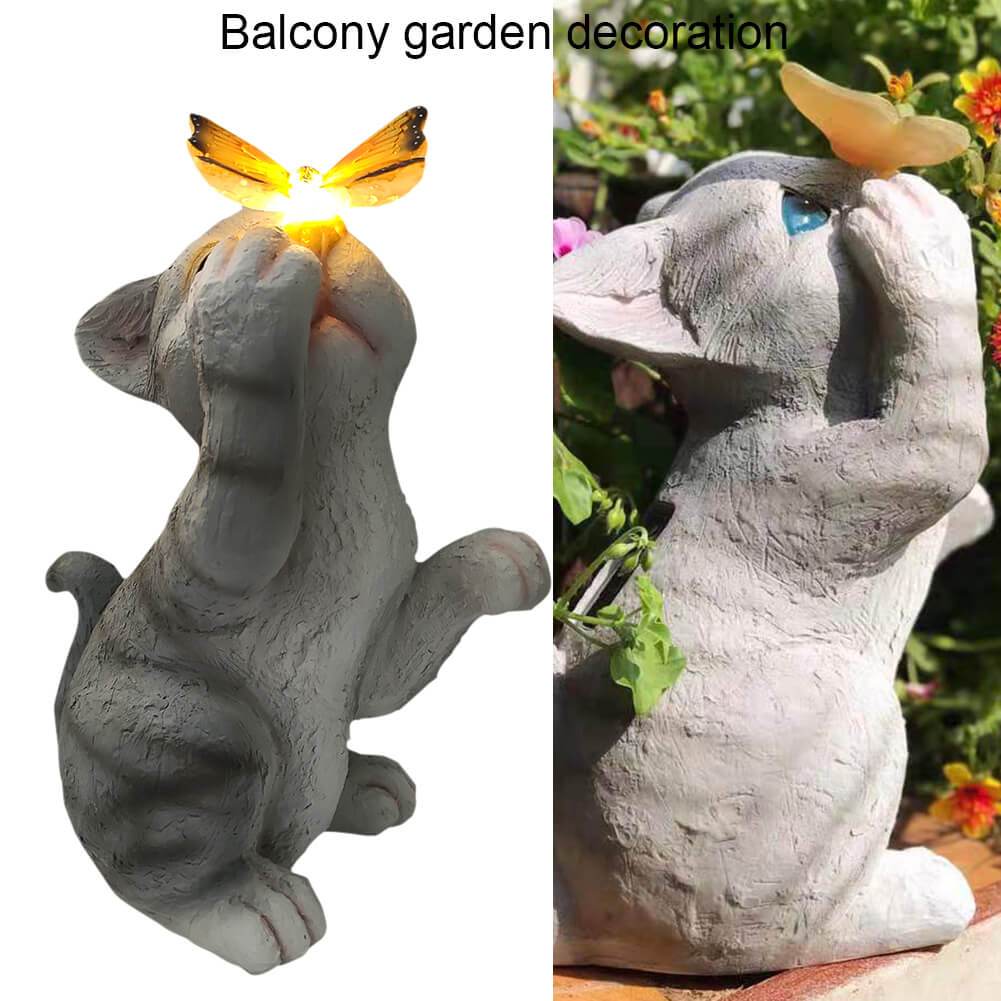 Garden Statue Solar Cat Resin with Butterfly Resin LED Night Light-xinru