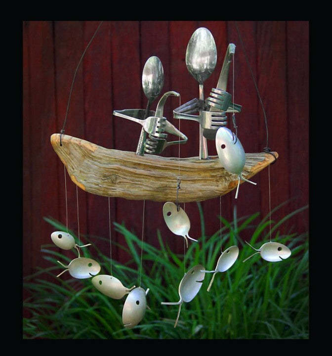 Fishing Man Spoon Fish Sculptures Wind Chime Indoor Outdoor Hanging-xinru