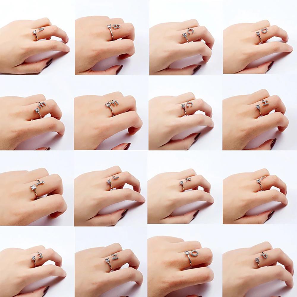 Adjustable A-Z Initial Letter With Rhinestone Personalized Ring-xinru