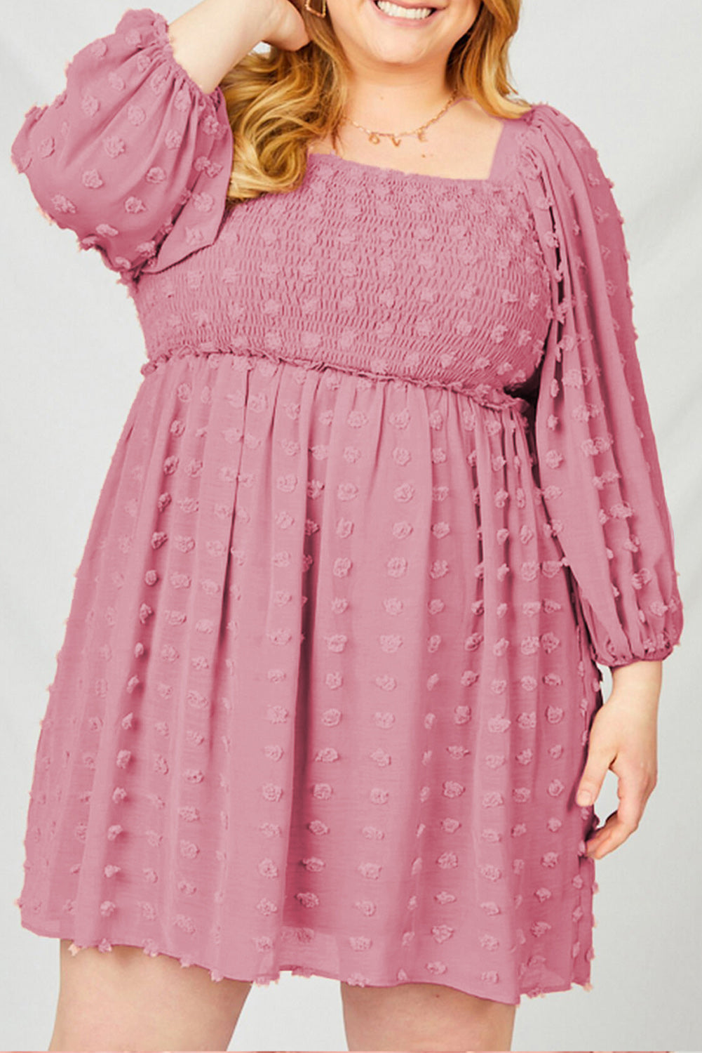 Pink Swiss Dot Smocked Puff Sleeve Plus Size Dress-xinru