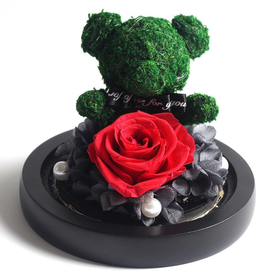 Immortal Preserved Rose Teddy Bear Glass LED Display-xinru