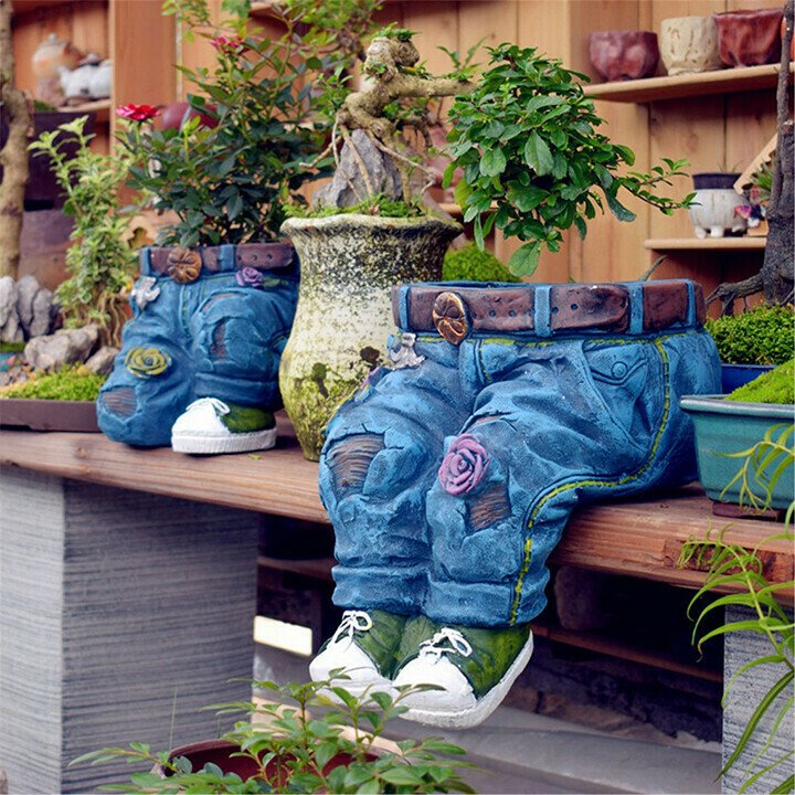 Denim Clothes Pants Resin Flower Pot Statue Retro Garden Ornament-xinru