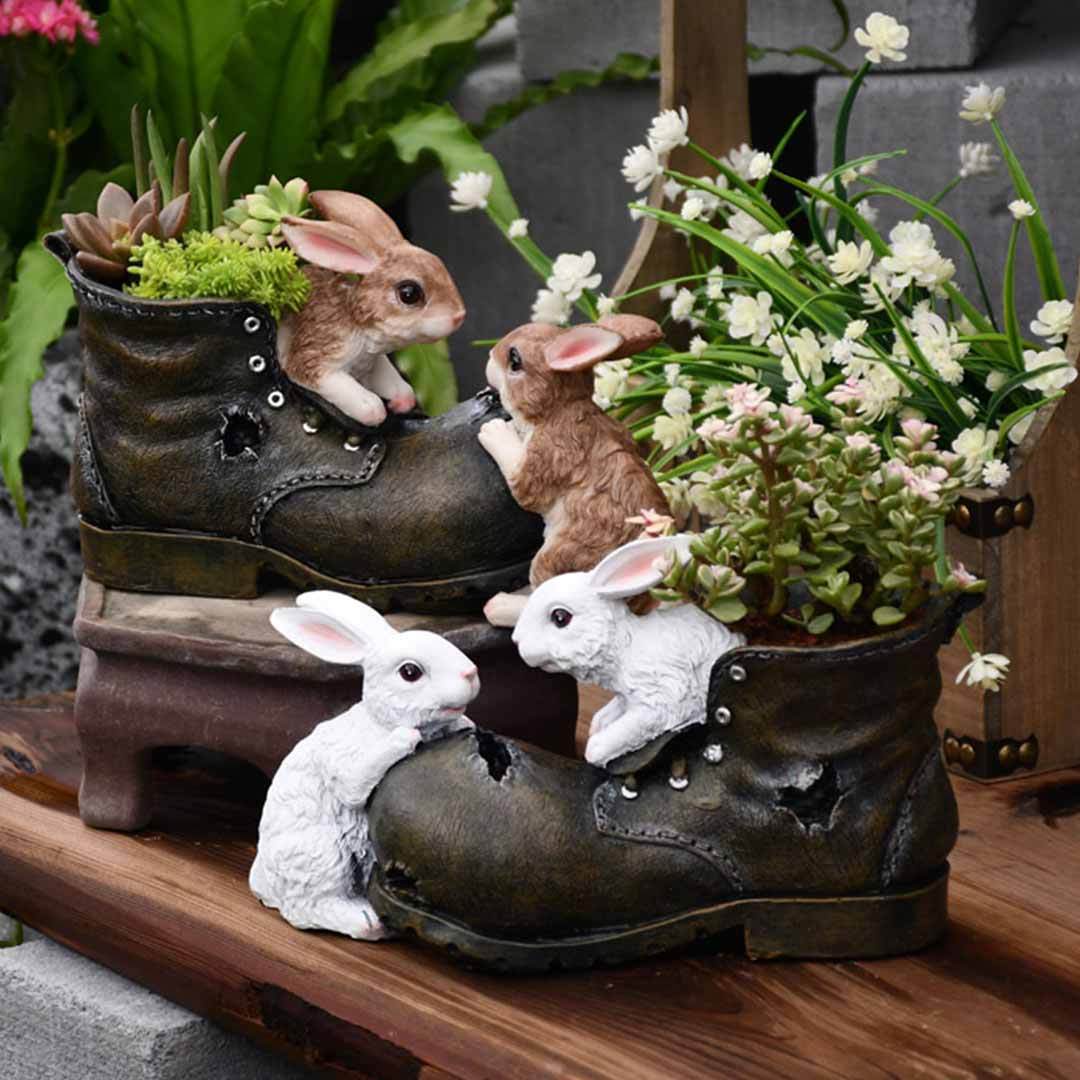 Cute Bunny Playing In Shoes Statue Flowerpot Home Sculpture Resin Floor Vase-xinru
