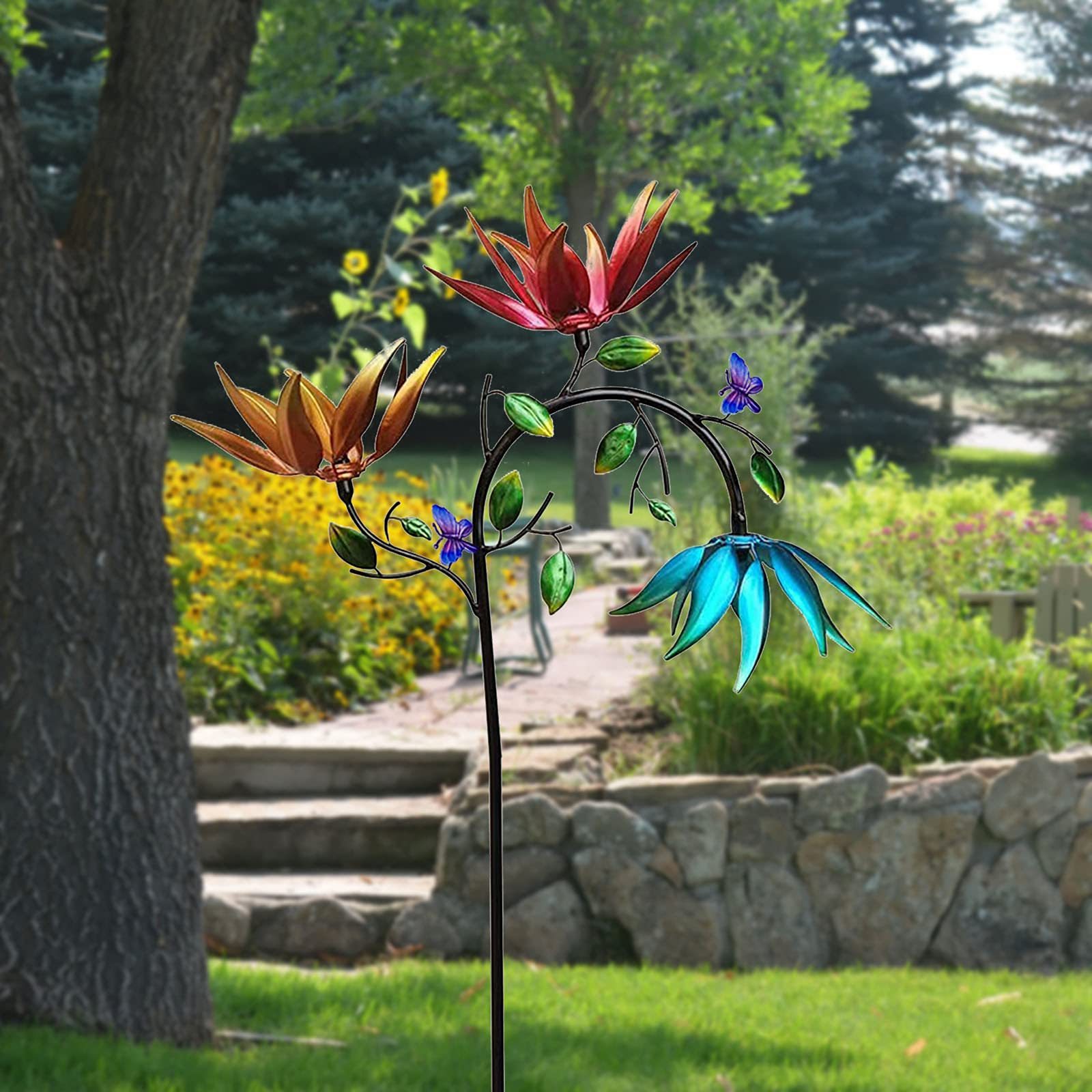 Large Metal Wind Spinner with Three Spinning Flowers And Butterflies-xinru