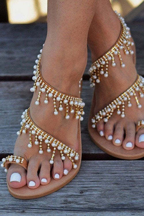 Plus Size Pearl Gladiator Flat Beach Sandals-xinru