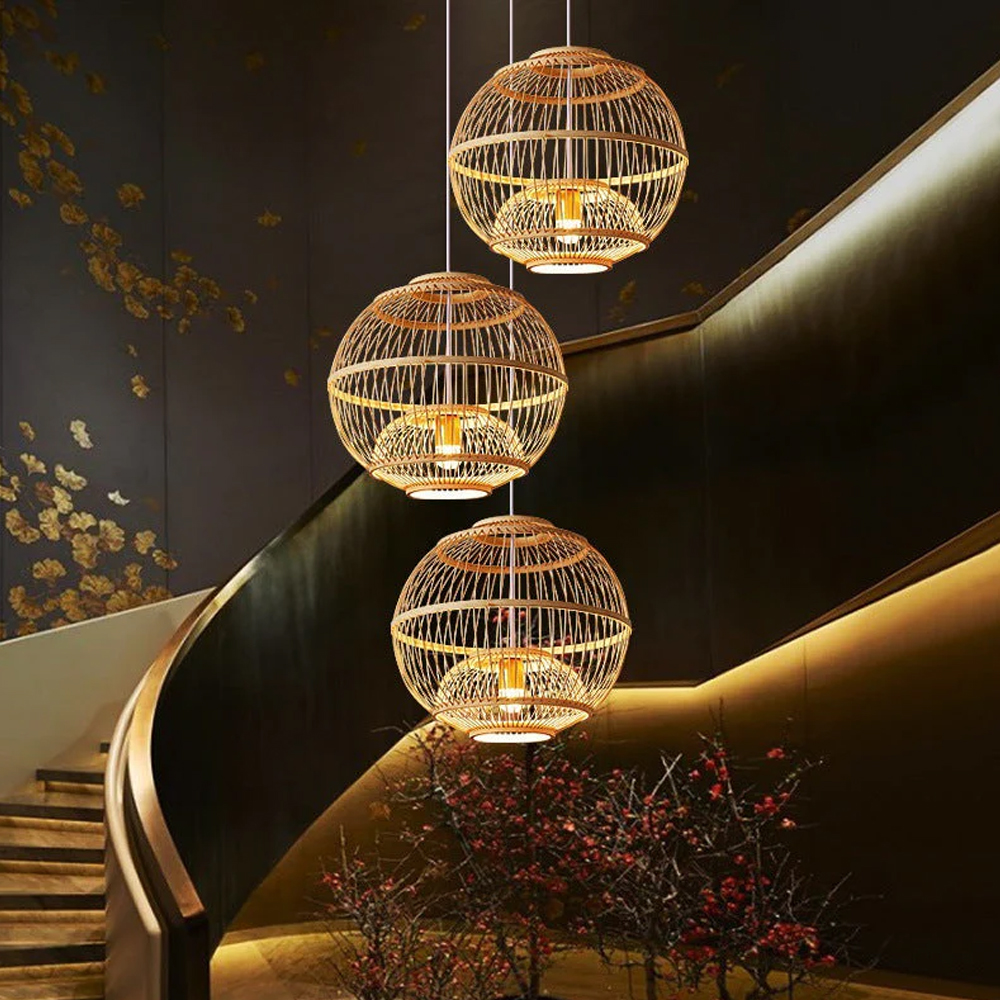 Japanese Style Hand-Woven Bamboo Lantern Chandelier Basket Ceiling Light Pendant