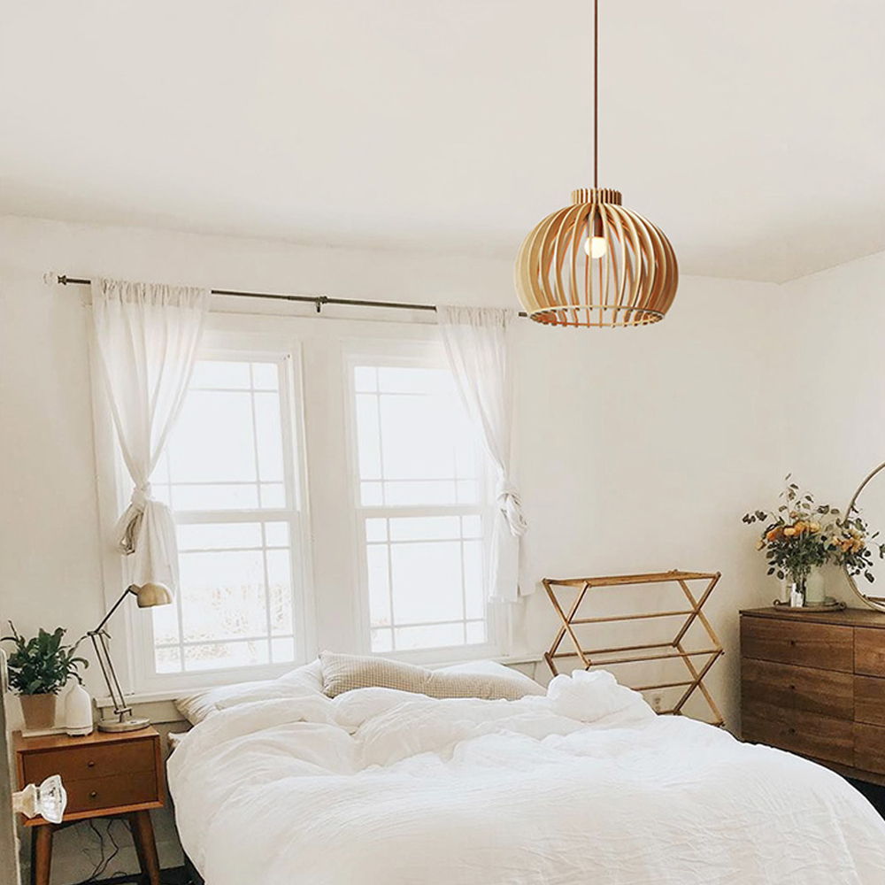 Nordic Hand-Woven Wood Chandelier Birdcage Lamp Japanese Creative Wood Pendant Lighting Fixture