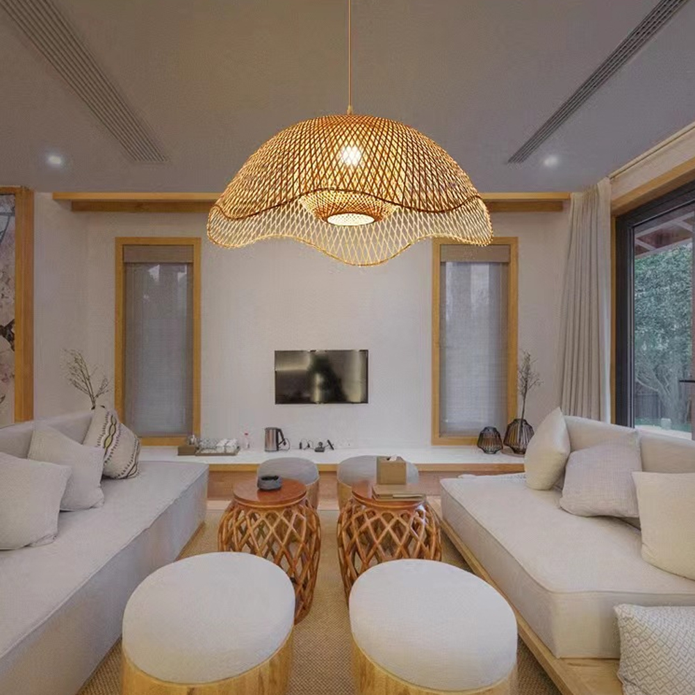 Bamboo Woven Flower Pendant Light Lampshade For Living Room