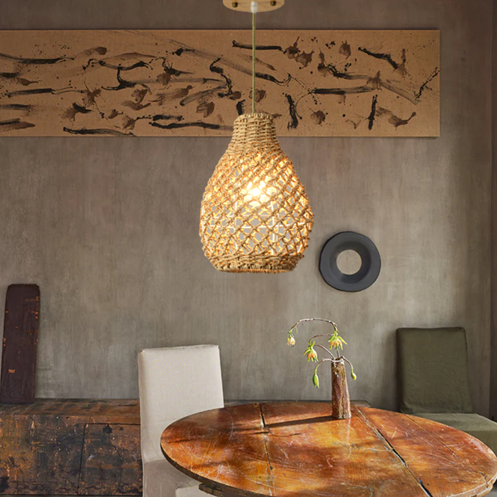 Wabi Sabi Style Designer Rattan Dining Room Pendant Chandelier Retro Lamps