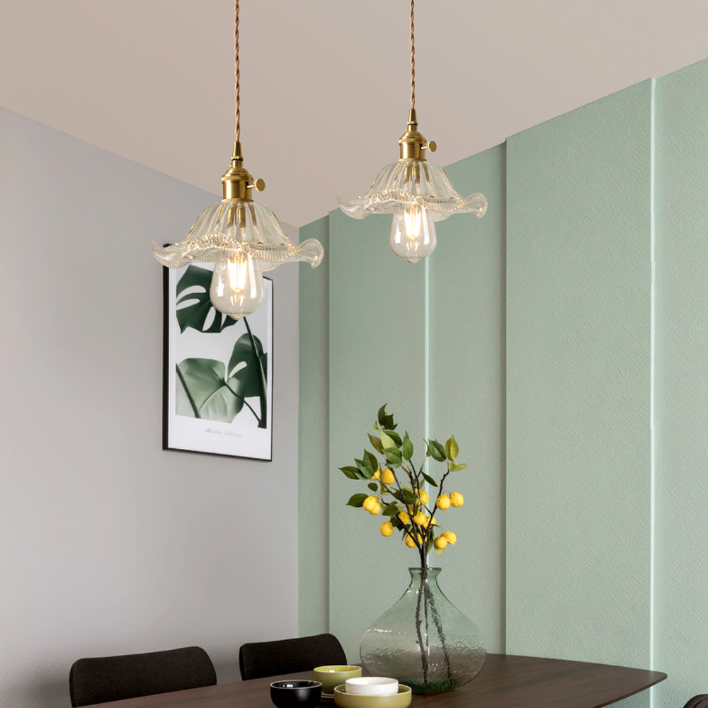 Vintage Green Copper Glass Chandelier Adjustable Pendant Light