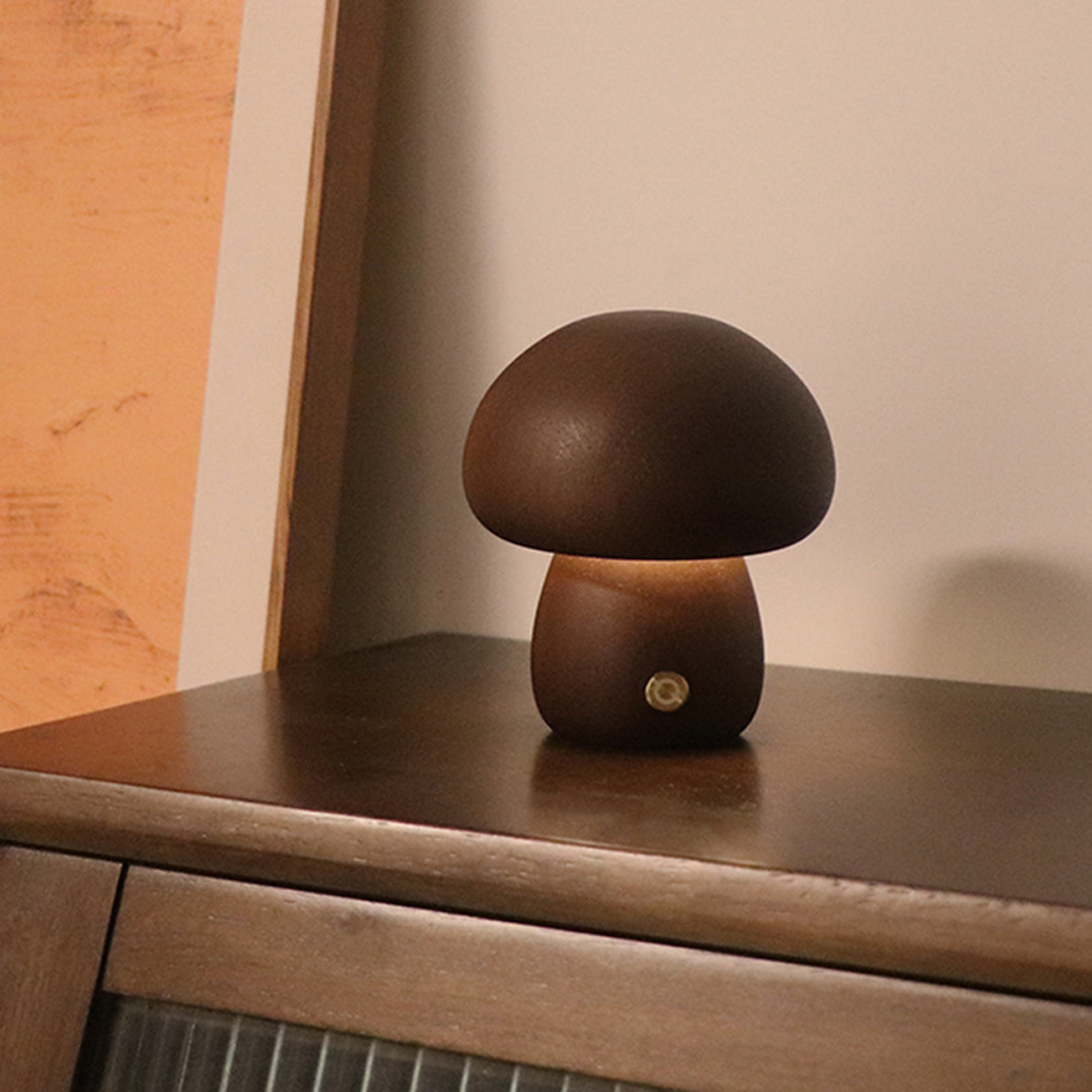 Wooden Mushroom Table Lamp LED Touch Switch Retro Sleeping Night Lamp