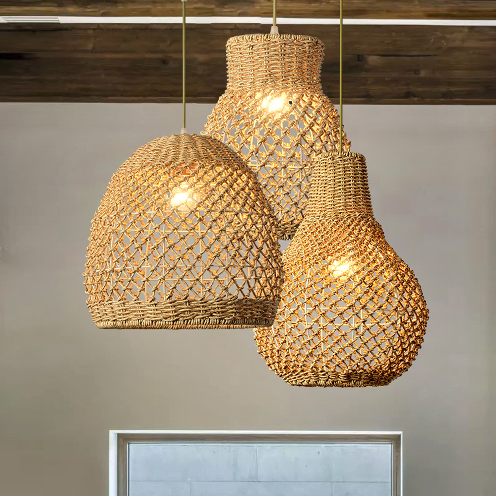 Wabi Sabi Style Designer Rattan Dining Room Pendant Chandelier Retro Lamps