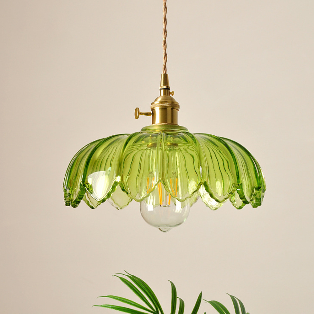 Vintage Green Copper Glass Chandelier Adjustable Pendant Light