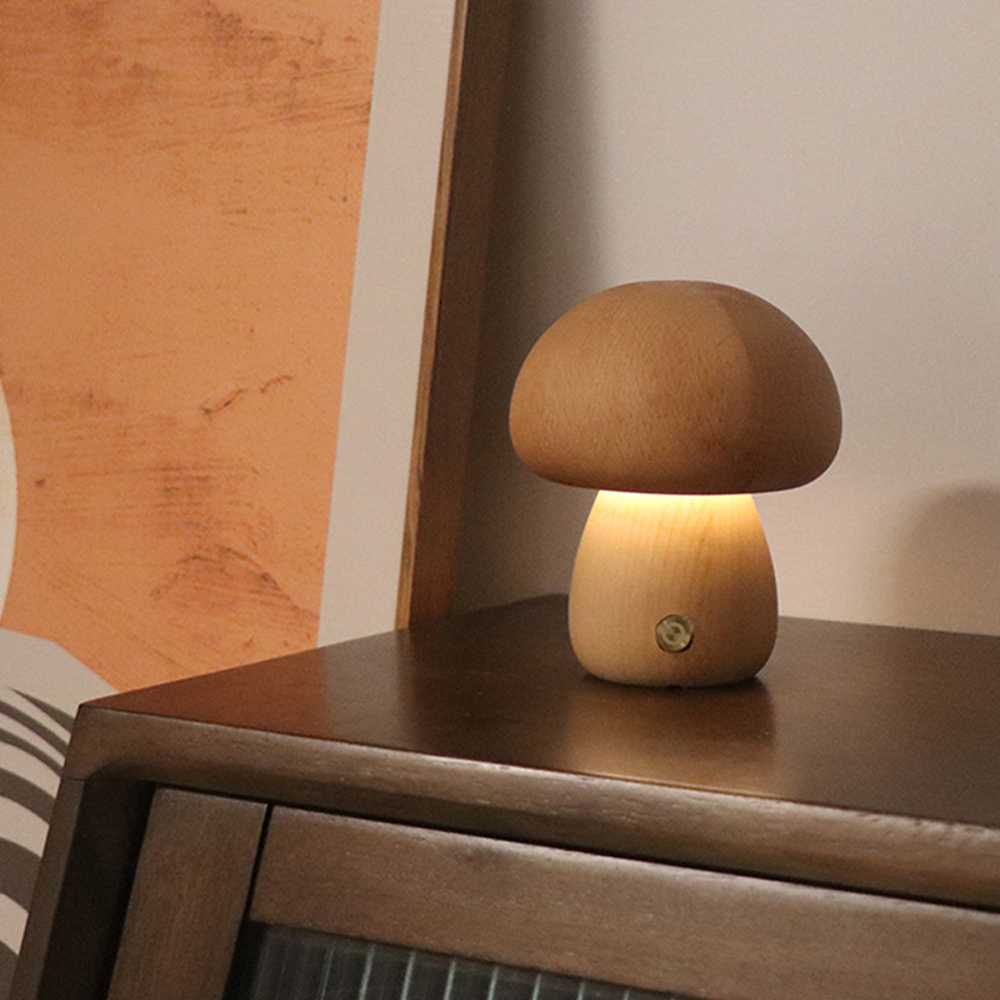 Wooden Mushroom Table Lamp LED Touch Switch Retro Sleeping Night Lamp