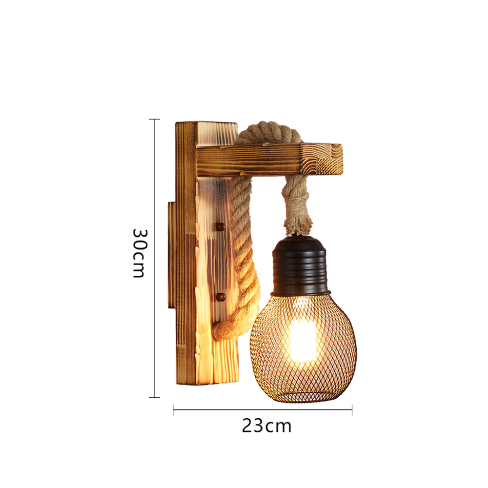 Retro Solid Wood Wall Lamp Industrial Style Hemp Rope Wall Sconce