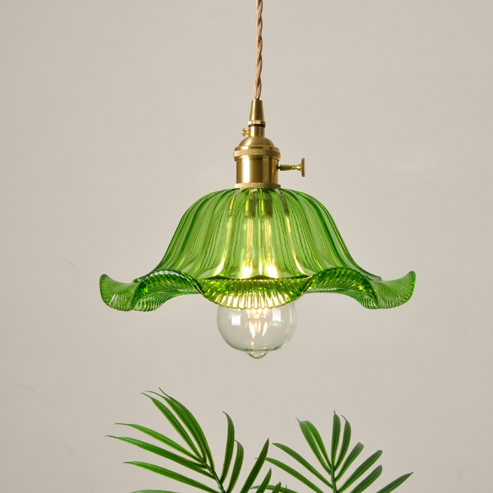 Vintage Green Copper Glass Chandelier Adjustable Pendant Light