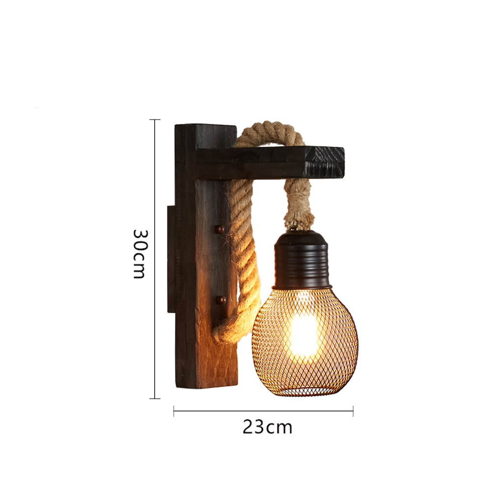 Retro Solid Wood Wall Lamp Industrial Style Hemp Rope Wall Sconce