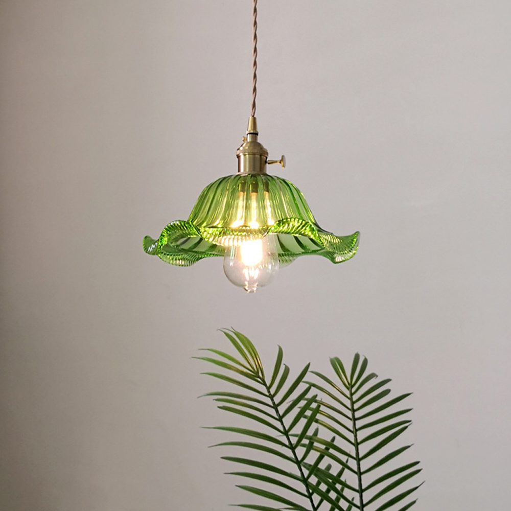Vintage Green Copper Glass Chandelier Adjustable Pendant Light