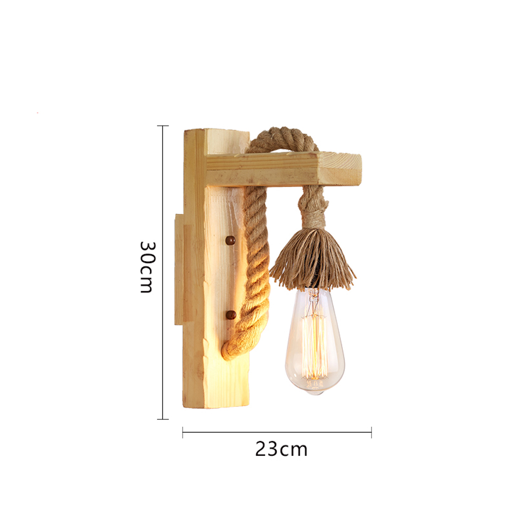 Retro Solid Wood Wall Lamp Industrial Style Hemp Rope Wall Sconce