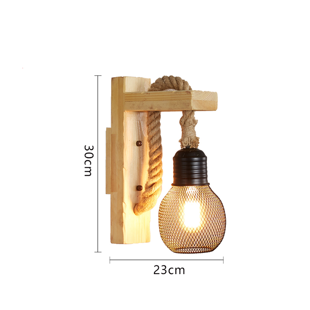 Retro Solid Wood Wall Lamp Industrial Style Hemp Rope Wall Sconce