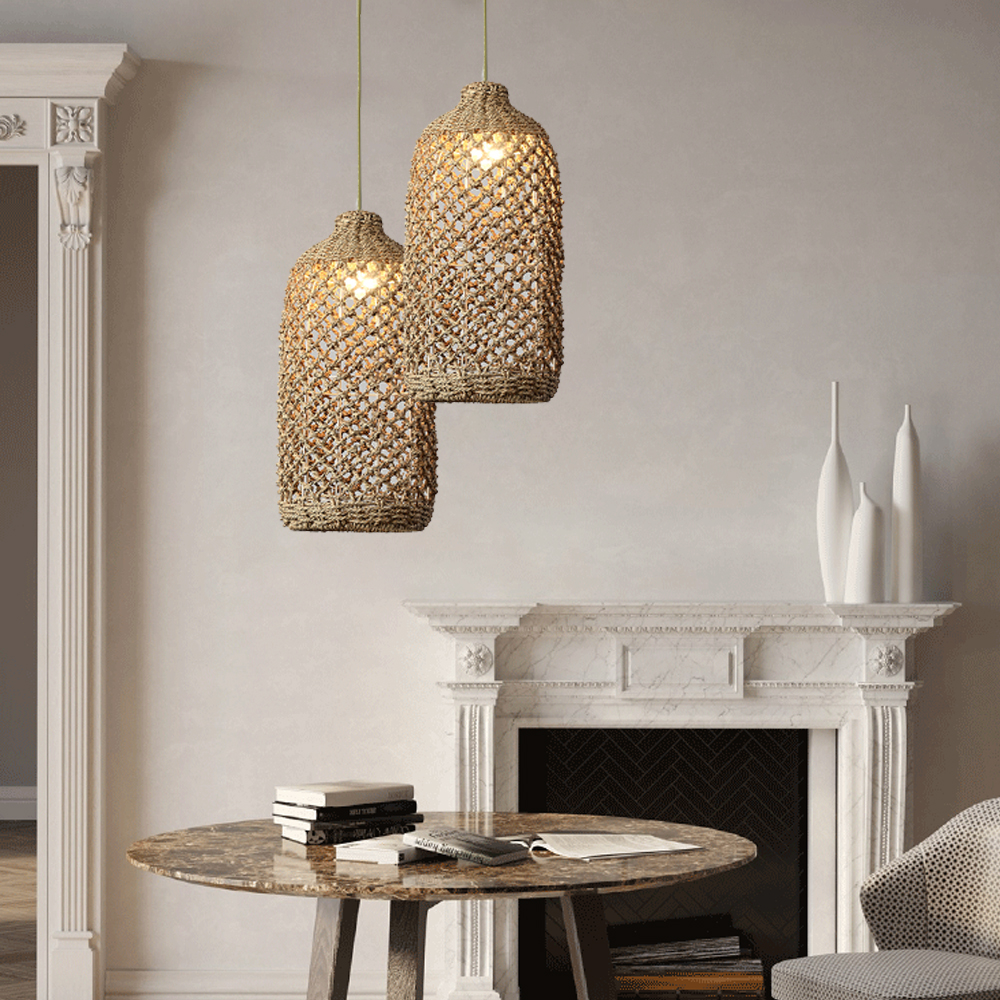 Hand-woven Hollow Rattan Pendant Light Vintage Small Chandelier For Dining Room