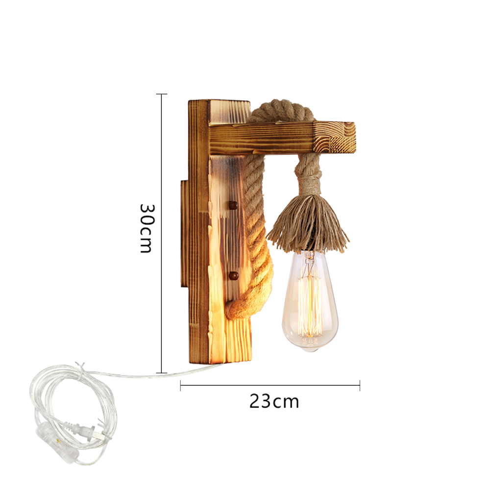 Retro Solid Wood Wall Lamp Industrial Style Hemp Rope Wall Sconce