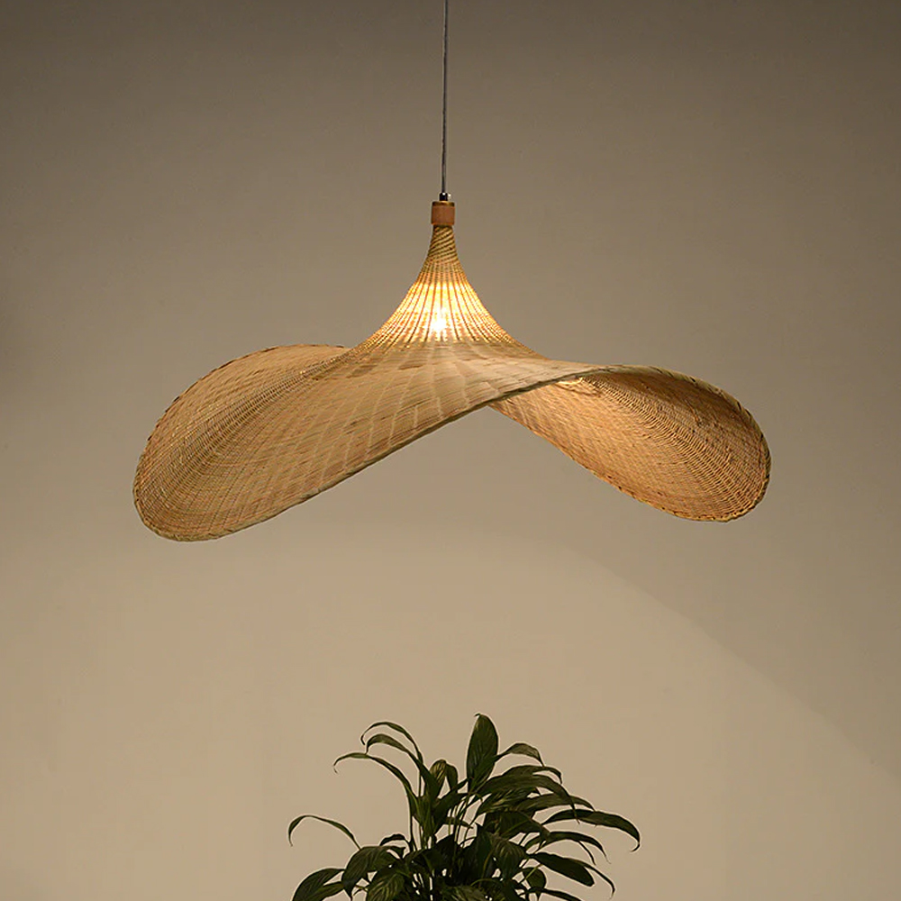 Farmhouse Bamboo Pendant Light Wicker Straw Hat Basket Weave Light Fixture