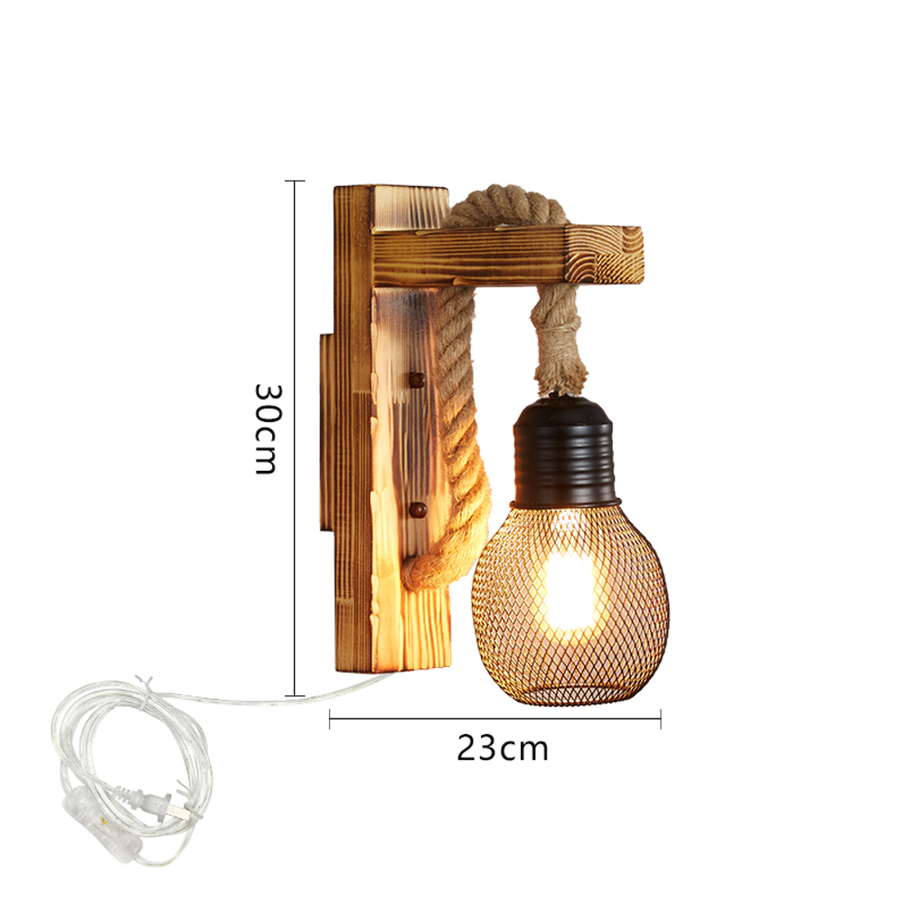 Retro Solid Wood Wall Lamp Industrial Style Hemp Rope Wall Sconce
