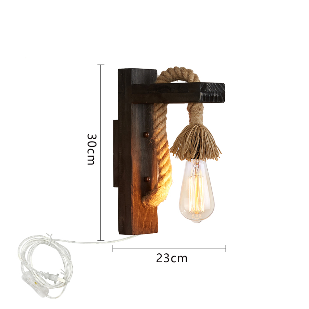 Retro Solid Wood Wall Lamp Industrial Style Hemp Rope Wall Sconce