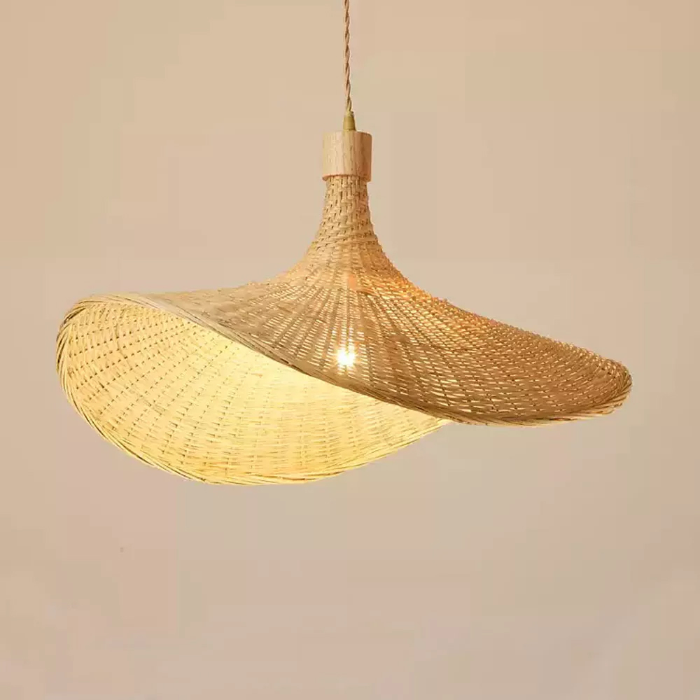 Farmhouse Bamboo Pendant Light Wicker Straw Hat Basket Weave Light Fixture