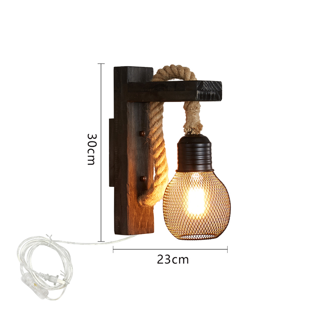 Retro Solid Wood Wall Lamp Industrial Style Hemp Rope Wall Sconce