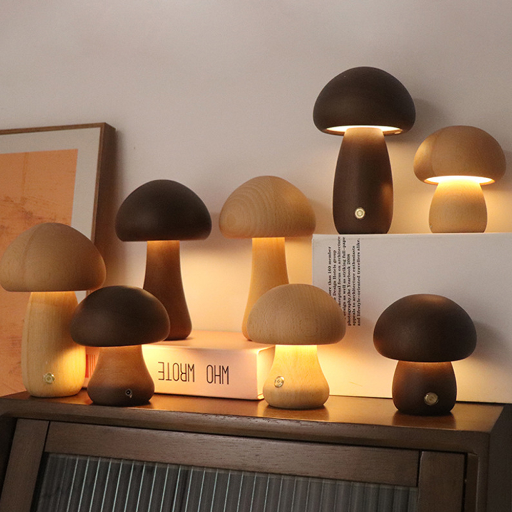 Wooden Mushroom Table Lamp LED Touch Switch Retro Sleeping Night Lamp
