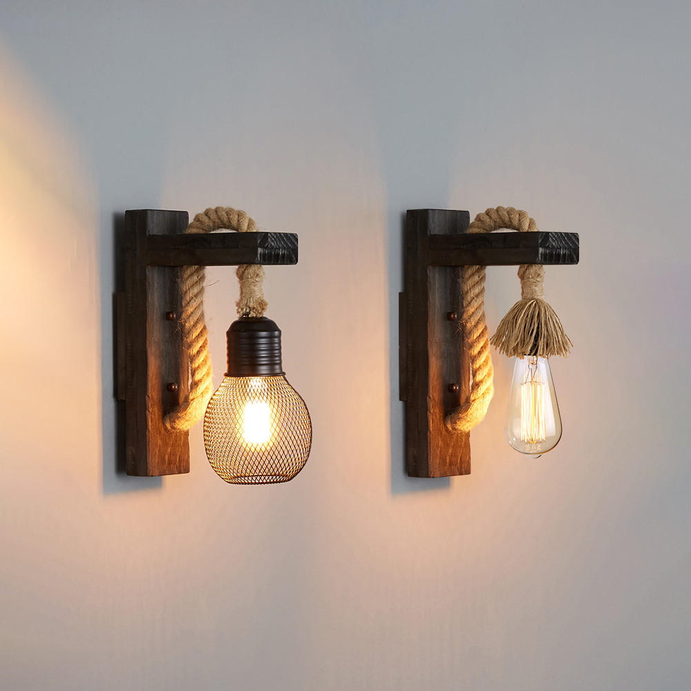 Retro Solid Wood Wall Lamp Industrial Style Hemp Rope Wall Sconce