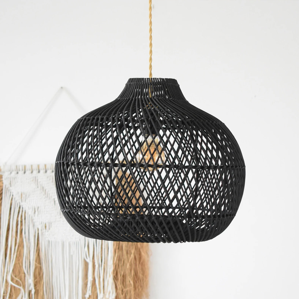 Boho Black Pendant Light Handmade Wicker Rattan Lampshade