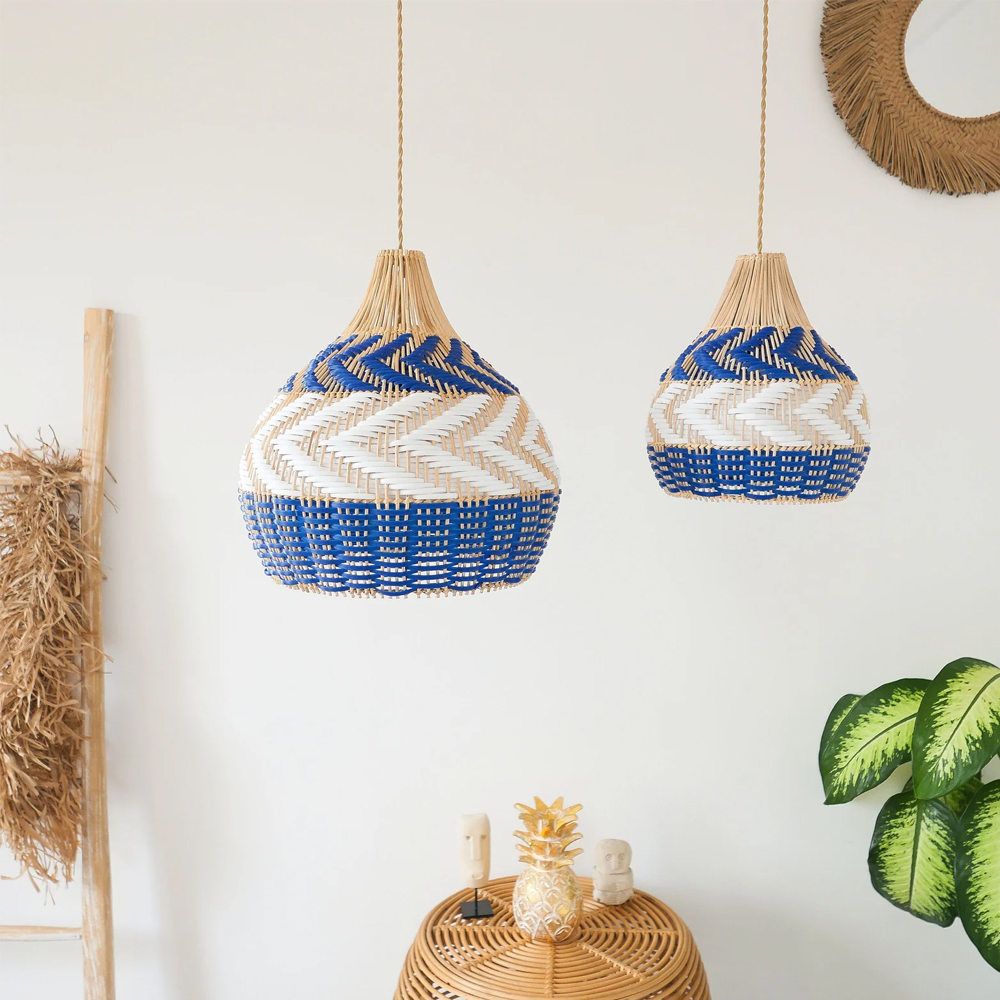 Boho Julia Woven Pendant Light Handmade Rattan Blue Lampshade