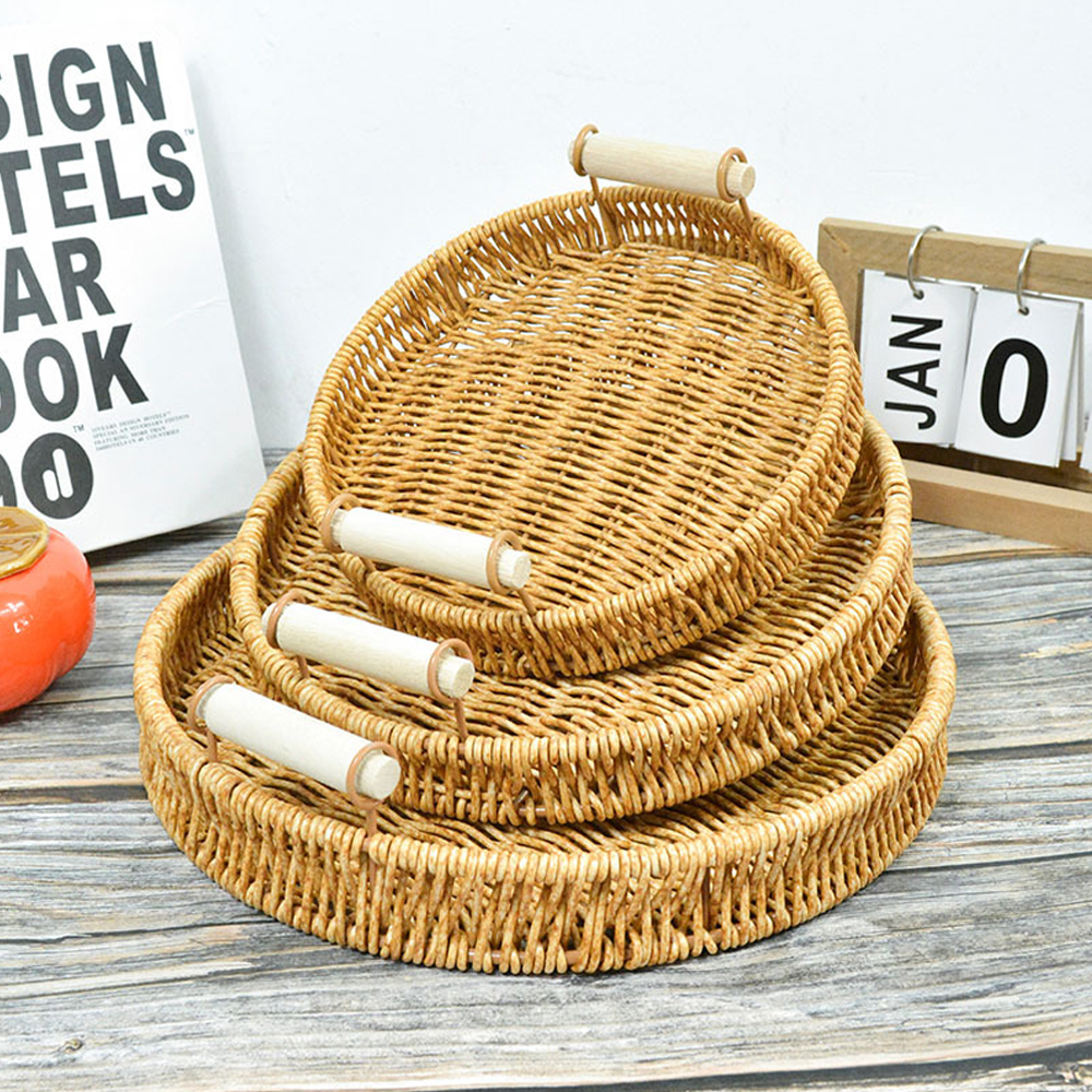Rattan wicker handwoven dining serving tray platter with handles