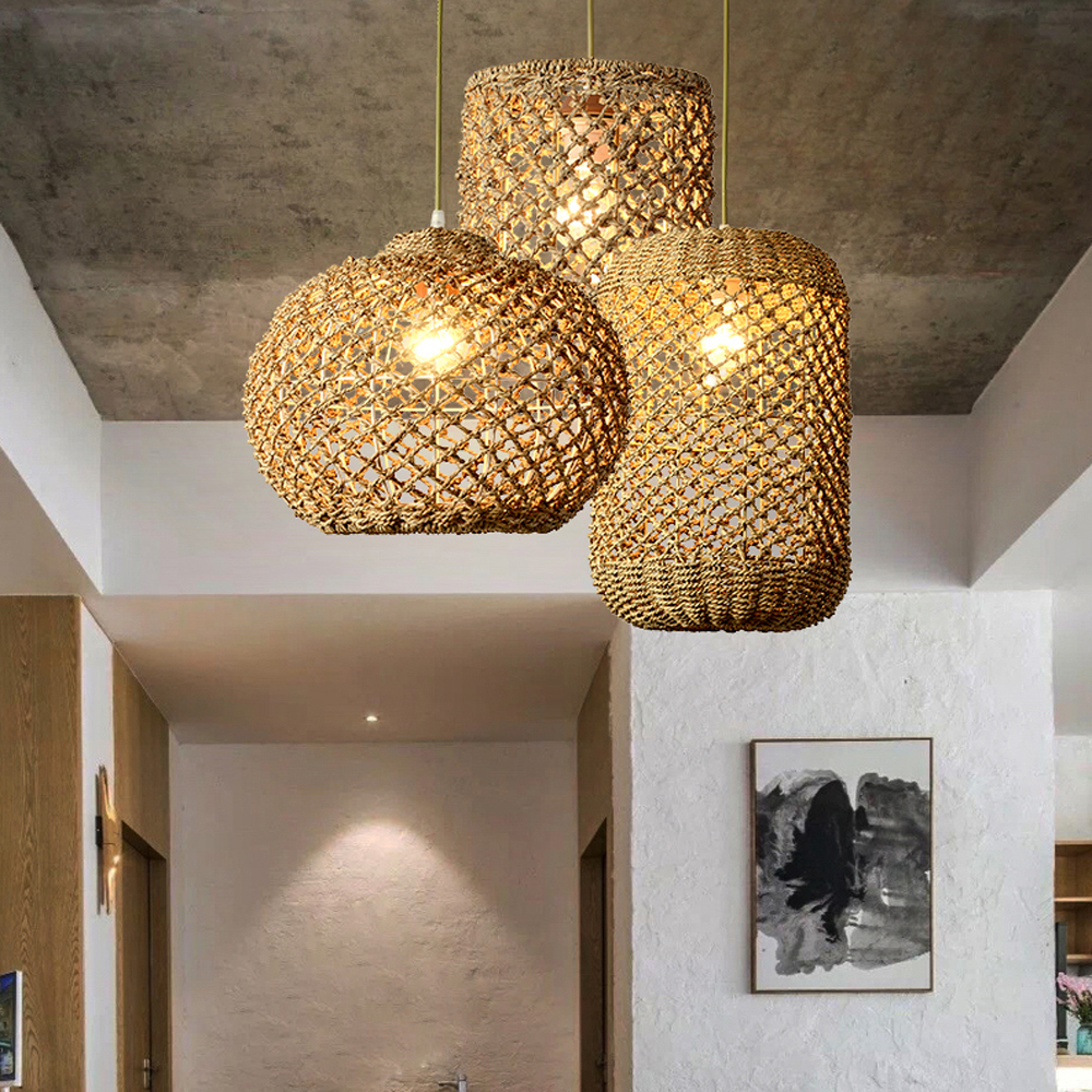 Hand-woven Hollow Rattan Pendant Light Vintage Small Chandelier For Dining Room