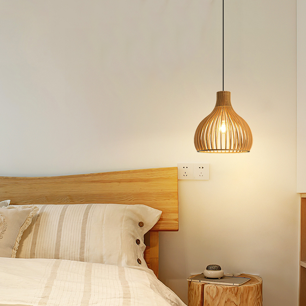 Modern Japanese Wooden Pendant Light Pumpkin Chandelier For Dining Room Bedroom