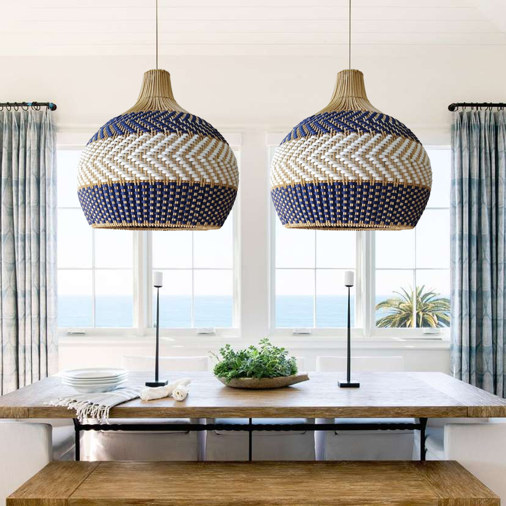 Serena Blue Rattan Pendant Light Handwoven Lampshade