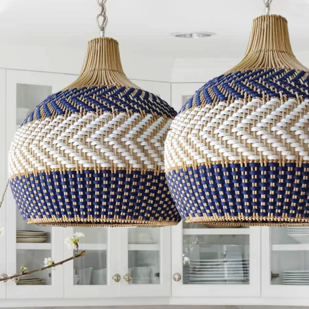 Unique Royal Blue Rattan Pendant Light Handwoven Round Lamp