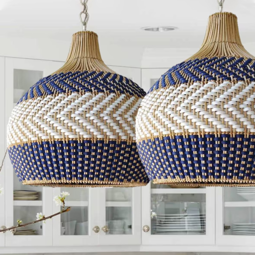 Unique Royal Blue Rattan Pendant Light Handwoven Round Lamp