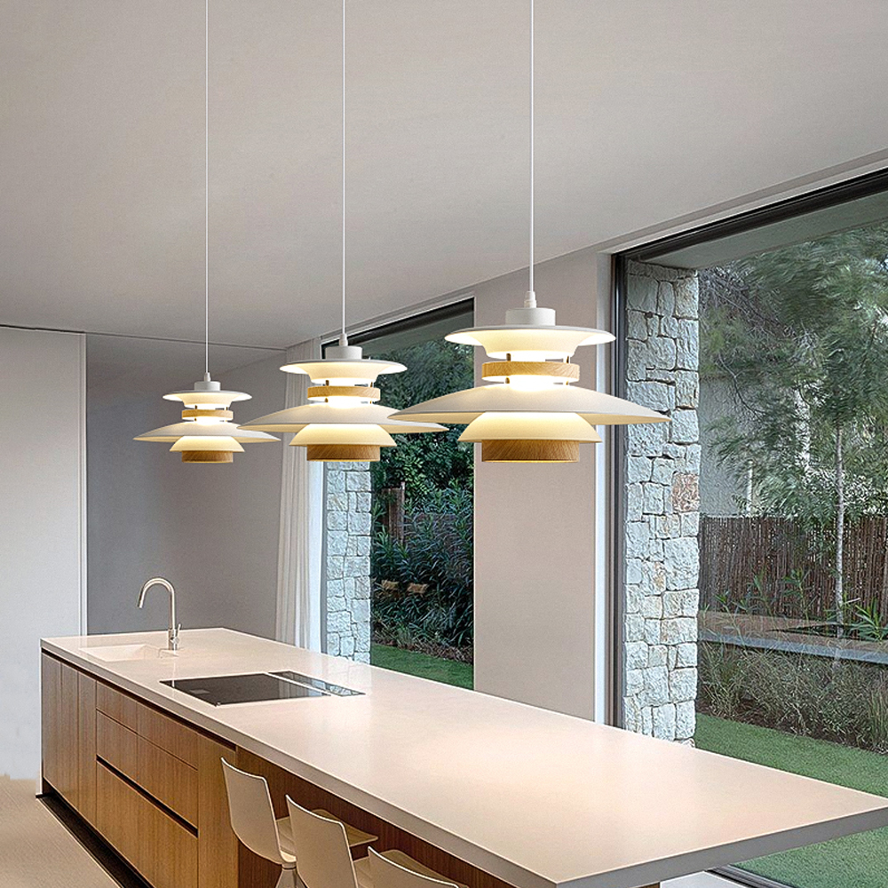 Mid-Century Modern Wood Pendant Light Danish Kitchen Island Multilayer Lampshade