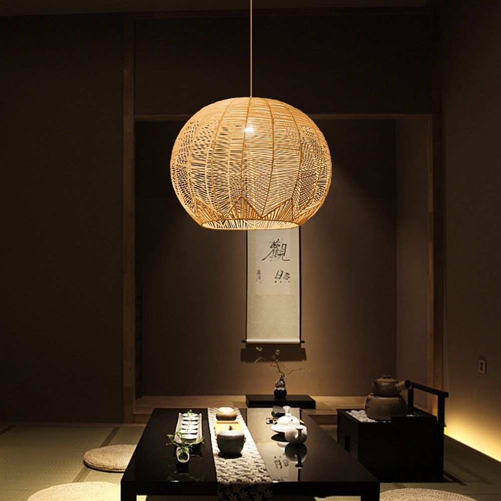 Japanese Bamboo Rattan Pendant Light Wabi-sabi Hand Woven Lampshade