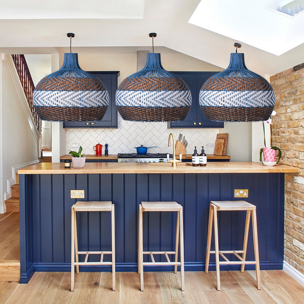 Luxury Handcrafted Blue Rattan Pendant Lamp Shade Kitchen Island Chandelier