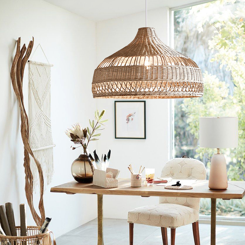 Hand-Woven Light Brown Basket Rattan Pendant Light Shades For Bedroom Living Room