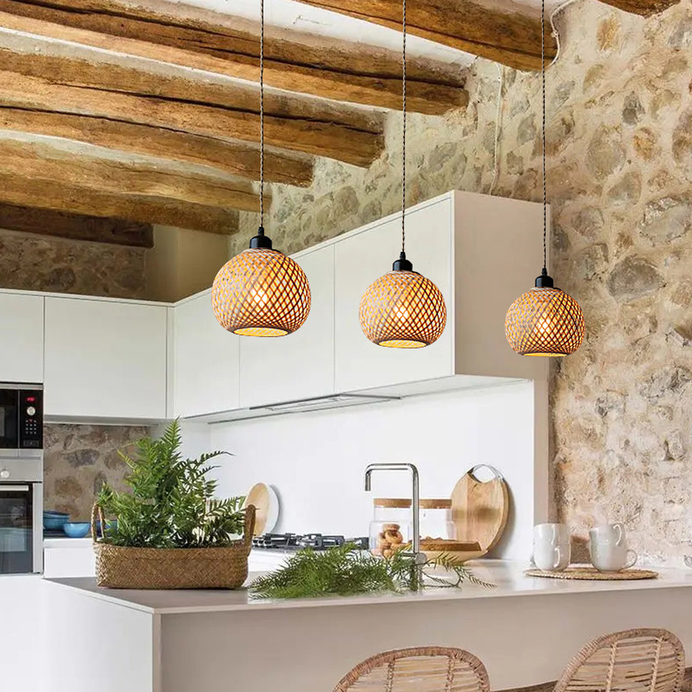 Handmade Kitchen Island Bamboo Pendant Light Minimal Woven Hanging Lamp