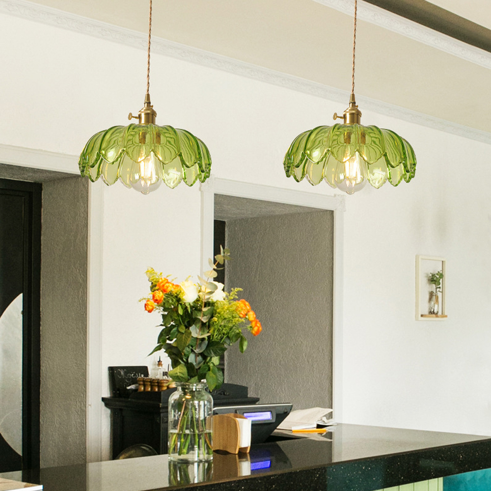 Vintage Green Copper Glass Chandelier Adjustable Pendant Light