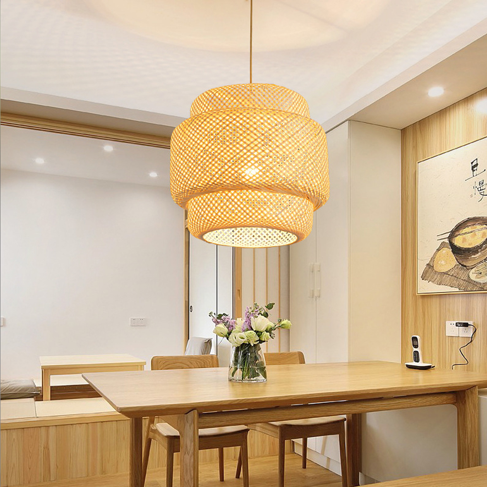 Natural Weaving Black Tower Bamboo Pendant Light Dining Room Creative Lighting